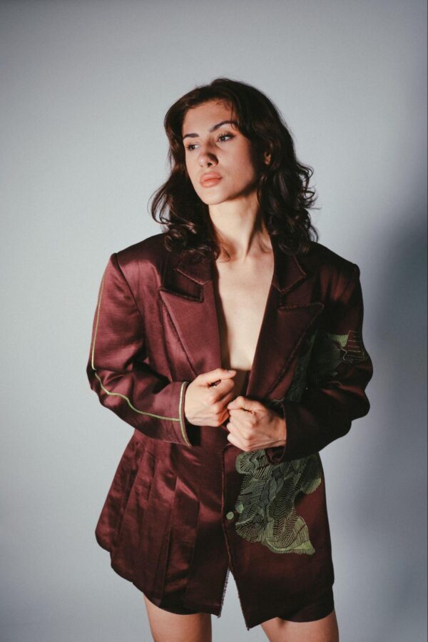 funny figure blazer from Arya Giri | linen satin blazer Luxury Women's Pret Wear