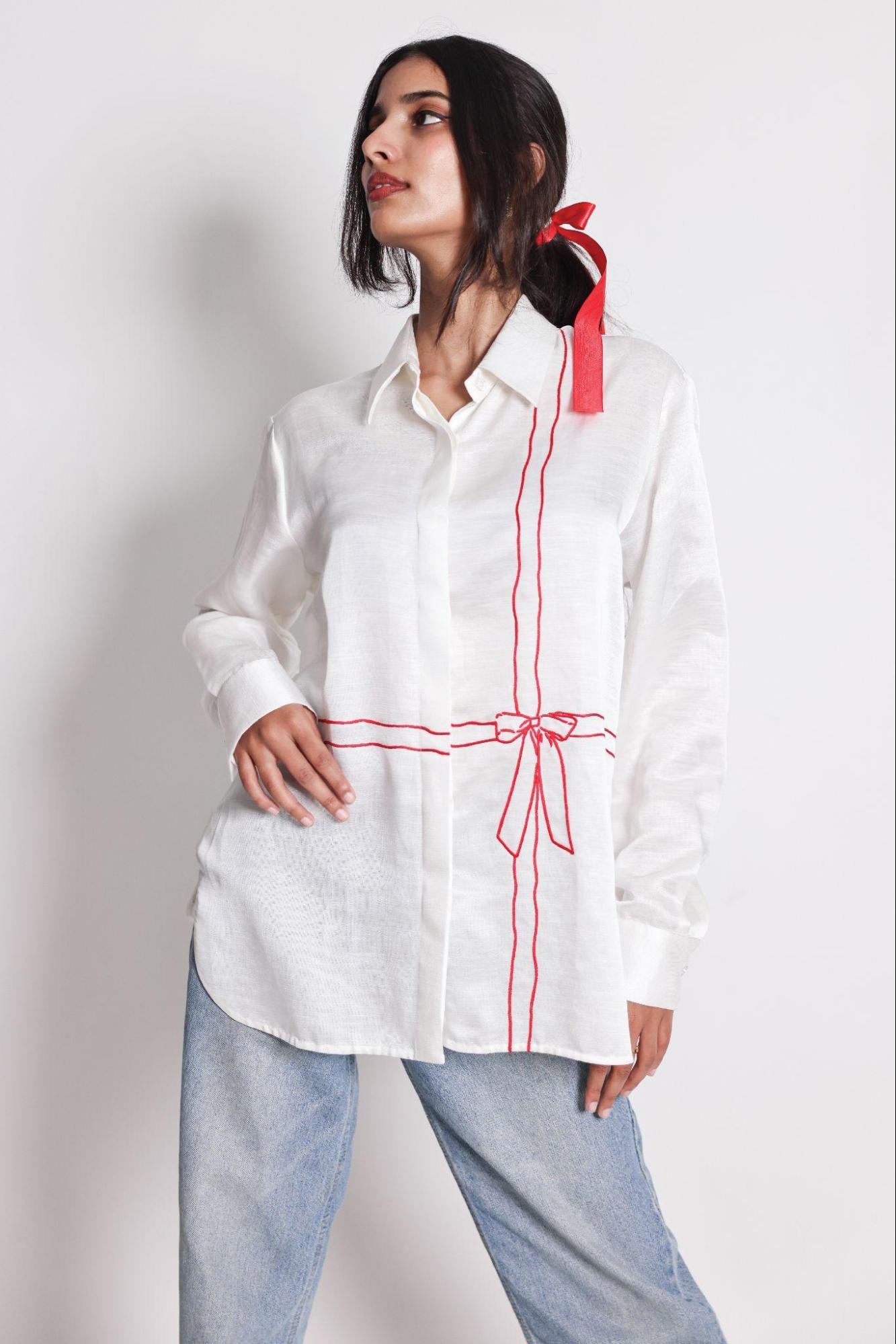 relaxed fit linen satin shirt with a hand-embroidered bow across the front from Arya Giri | Luxury Women's Pret Wear
