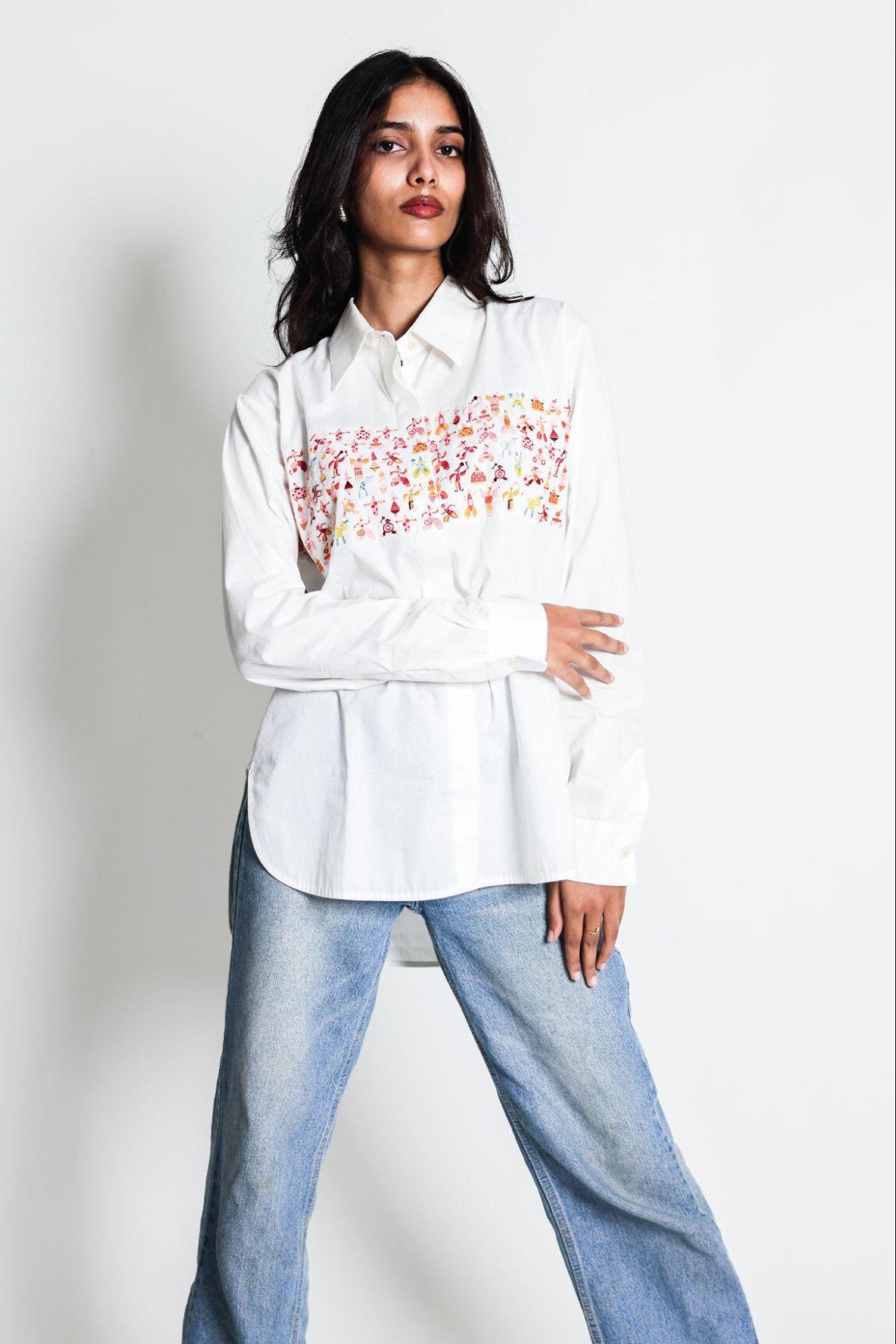 crisp poplin shirt with an organic hemline is peppered with funny figures from Arya Giri | Luxury Women's Pret Wear