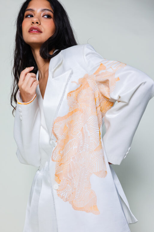 Arya Giri | funny figure blazer | AG custom linen satin